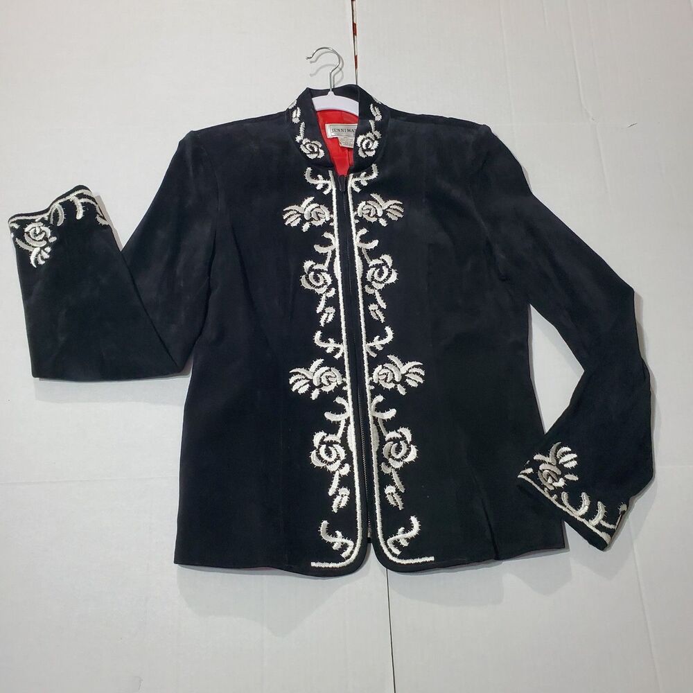 Vintage Suede Leather Black / White Floral Embroidered‎ Zip Jacket , Size 12